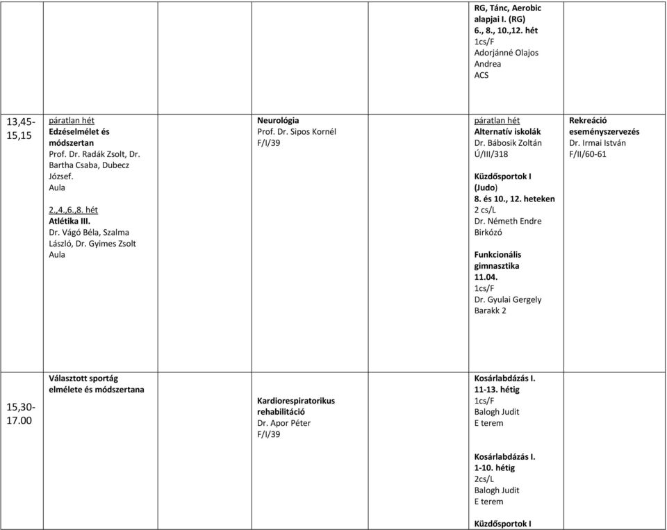 és 10., 12. heteken 2 cs/l Funkcionális gimnasztika 11.04. Dr. Gyulai Gergely Rekreáció eseményszervezés Dr. Irmai István F/II/60-61 15,30-17.