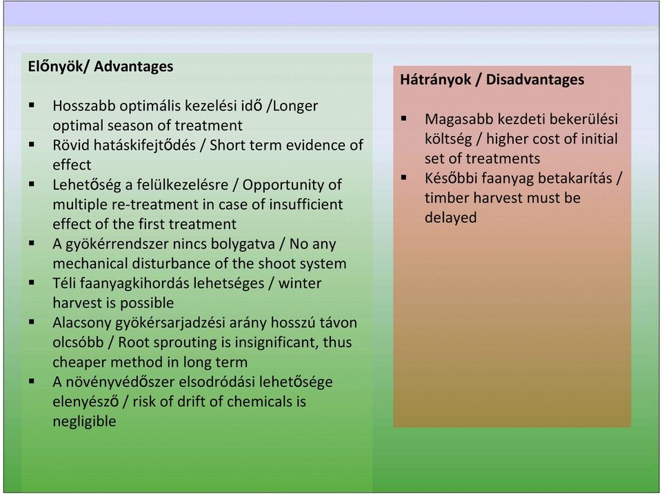 harvest is possible Alacsony gyökérsarjadzésiarány hosszútávon olcsóbb / Root sprouting is insignificant, thus cheaper method in long term A növényvédőszerelsodródási lehetősége elenyésző/ risk