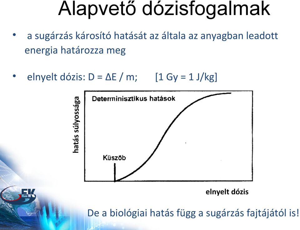 dózis: D = ΔE / m; hatás súlyossága [1 Gy = 1 J/kg]