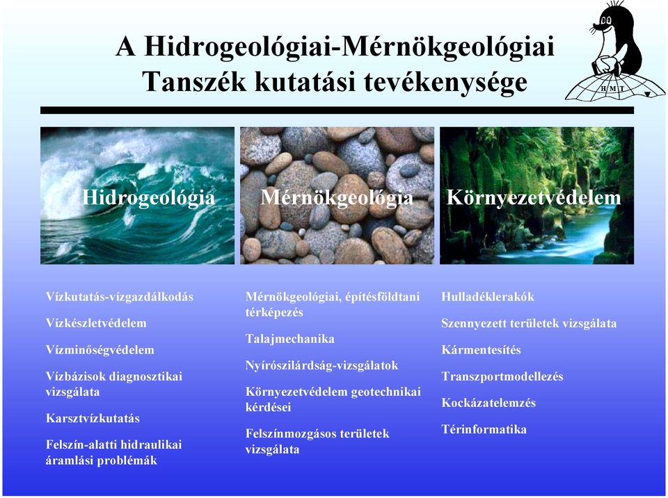 Mérnökgeológiai, építésföldtani térképezés Talajmechanika Nyírószilárdság-vizsgálatok Környezetvédelem geotechnikai kérdései