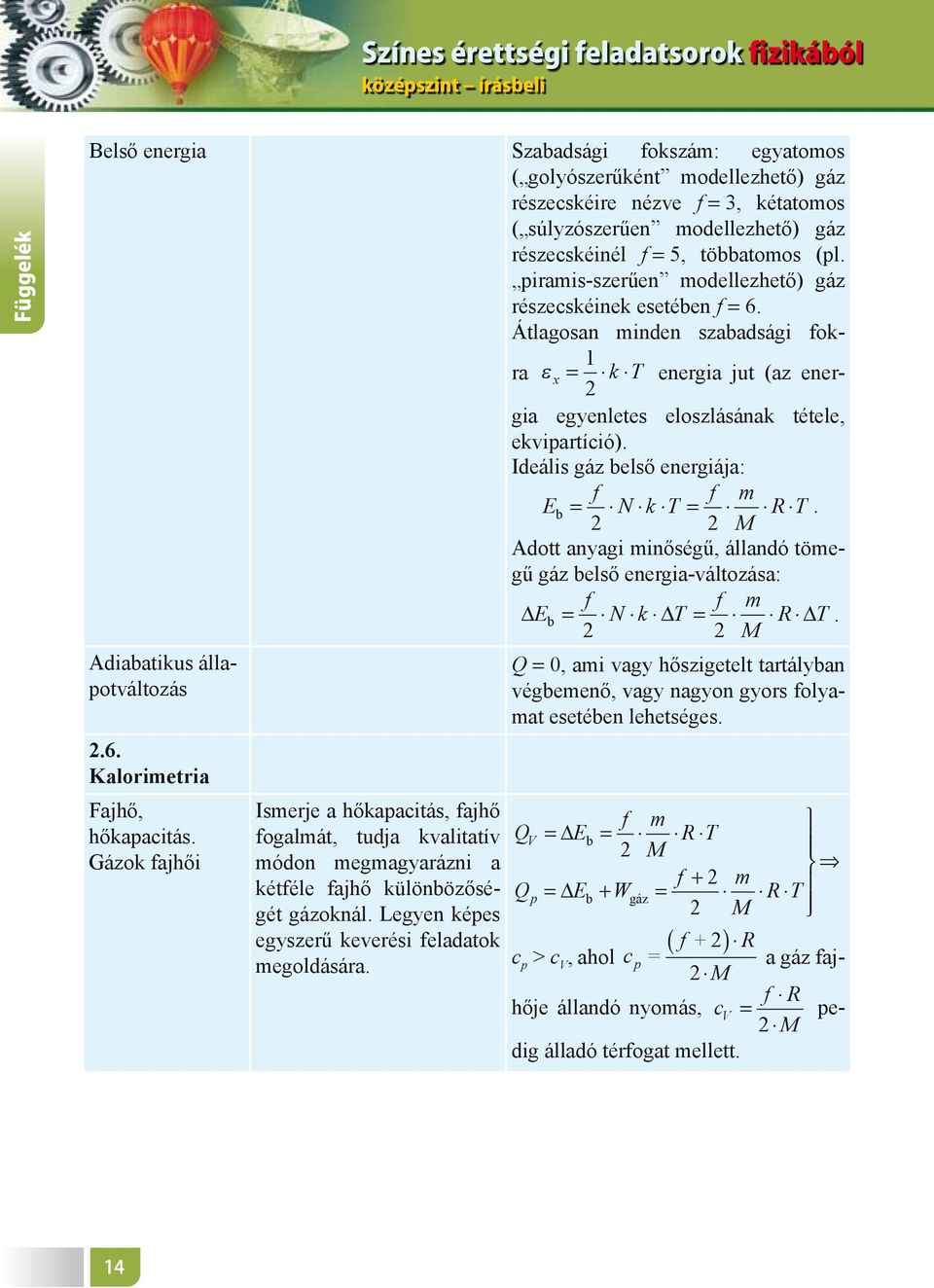 Átlagosan minden szabadsági fokra ε x 1 = k T energia jut (az energia egyenletes eloszlásának tétele, ekvipartíció). Ideális gáz belső energiája: f f m Eb = N k T = M RT.