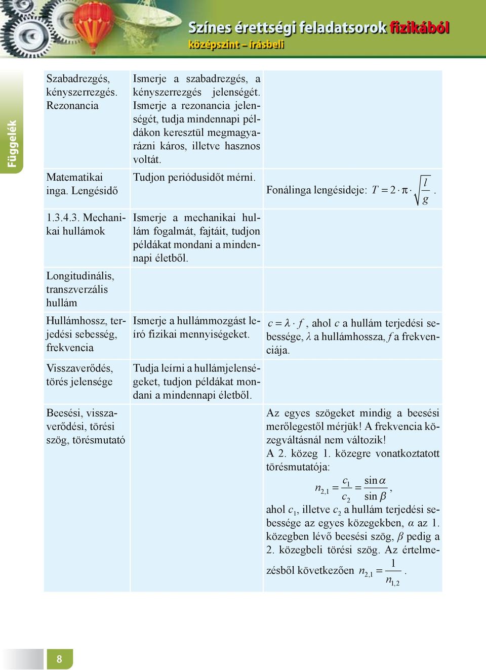 szabadrezgés, a kényszerrezgés jelenségét. Ismerje a rezonancia jelenségét, tudja mindennapi példákon keresztül megmagyarázni káros, illetve hasznos voltát. Tudjon periódusidőt mérni.