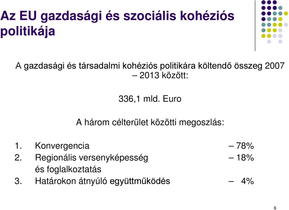 mld. Euro A három célterület közötti megoszlás: 1. Konvergencia 78% 2.