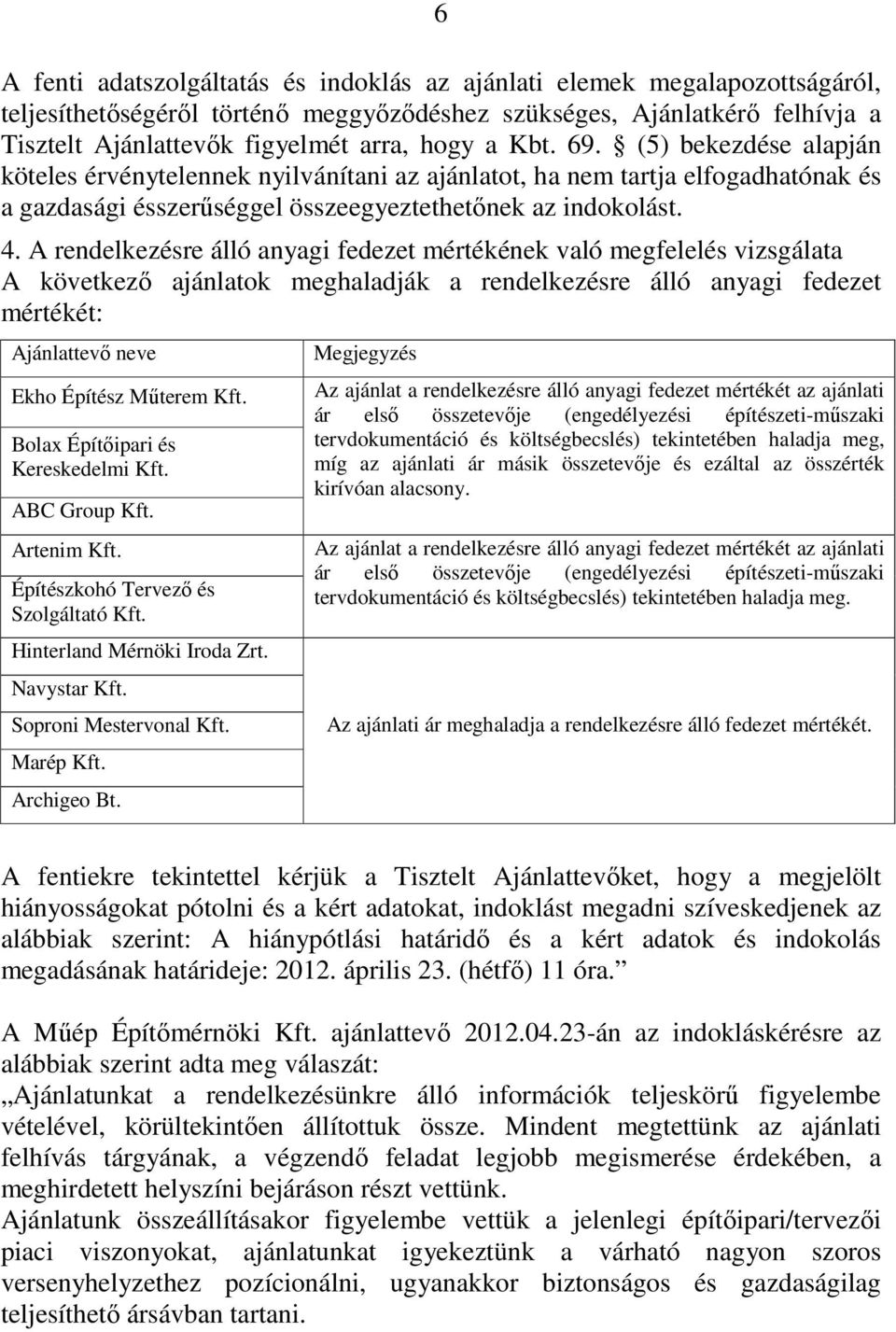 A rendelkezésre álló anyagi fedezet mértékének való megfelelés vizsgálata A következı ajánlatok meghaladják a rendelkezésre álló anyagi fedezet mértékét: Ajánlattevı neve Ekho Építész Mőterem Kft.