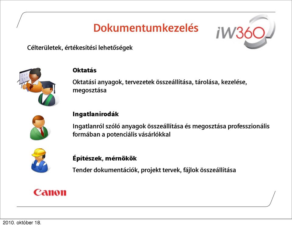 értékesítési lehetőségek Oktatás Dokumentumkezelés Oktatási anyagok, tervezetek összeállítása, tárolása, kezelése, megosztása Ingatlanirodák Ingatlanról szóló anyagok