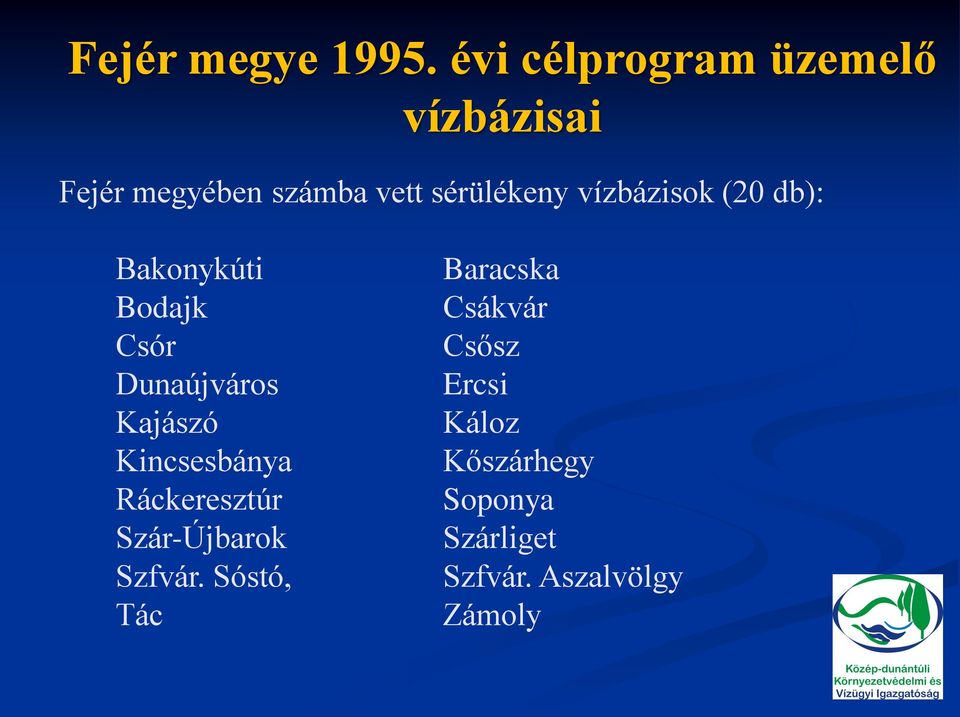 vízbázisok (20 db): Bakonykúti Bodajk Csór Dunaújváros Kajászó