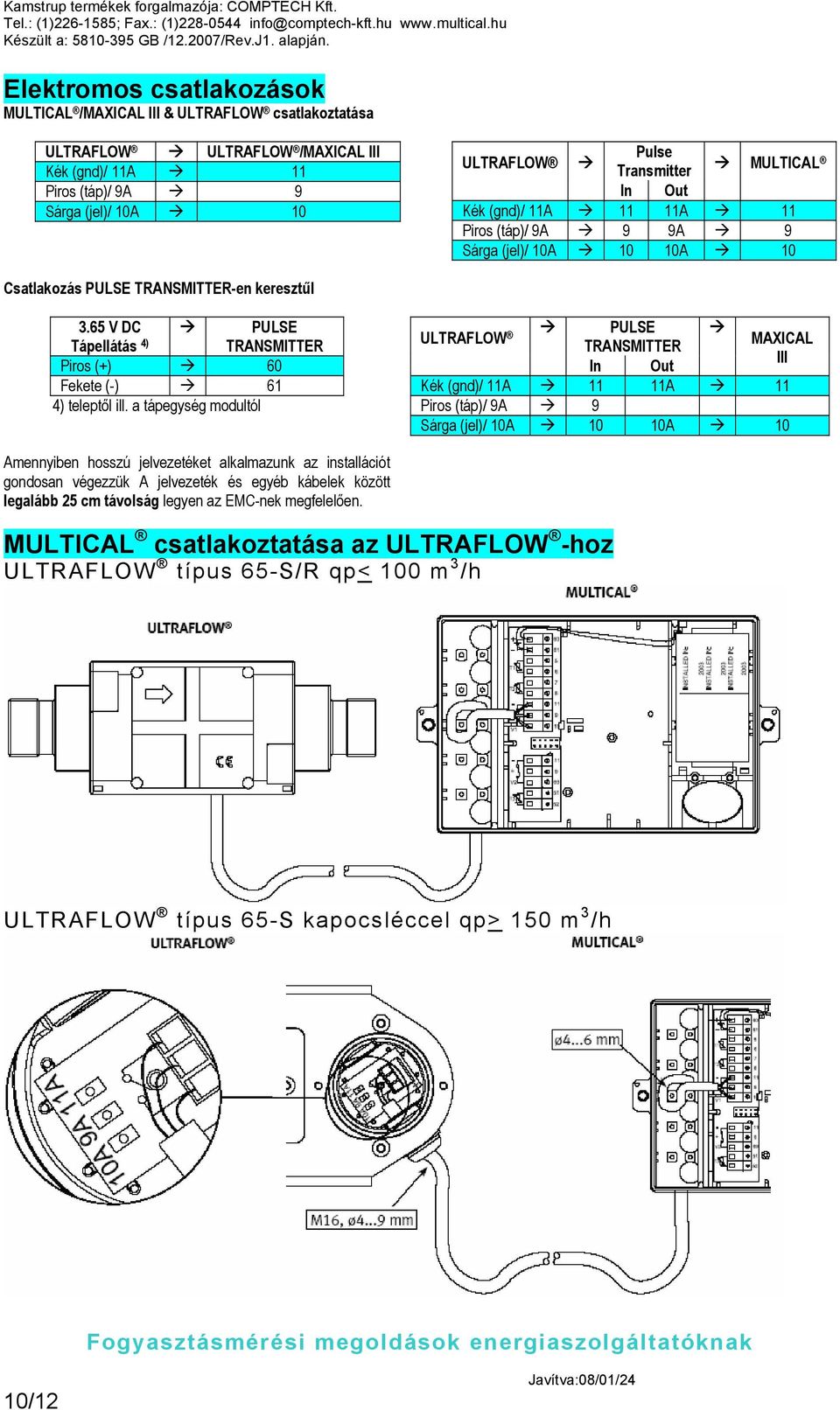 65 V DC Tápellátás 4) PULSE TRANSMITTER Piros (+) 60 Fekete (-) 61 4) teleptől ill.