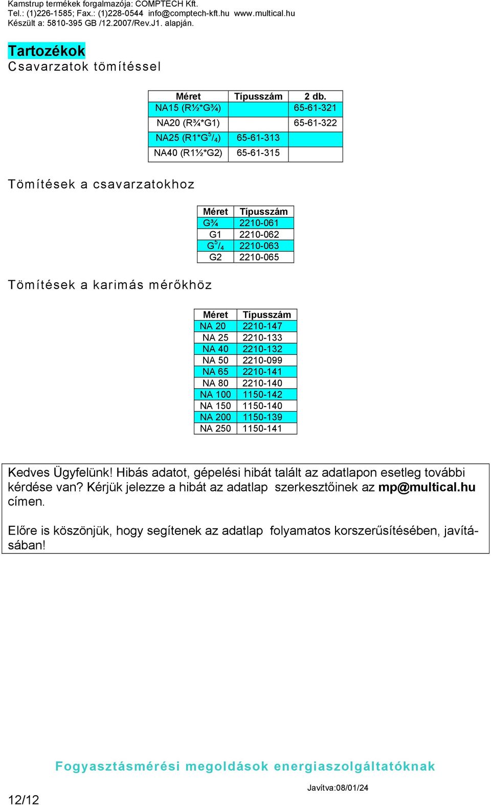 / 4 2210-063 G2 2210-065 Méret Típusszám NA 20 2210-147 NA 25 2210-133 NA 40 2210-132 NA 50 2210-099 NA 65 2210-141 NA 80 2210-140 NA 100 1150-142 NA 150 1150-140 NA 200 1150-139 NA 250 1150-141