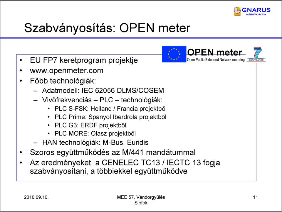 projektből PLC Prime: Spanyol Iberdrola projektből PLC G3: ERDF projektből PLC MORE: Olasz projektből HAN technológiák: M-Bus,