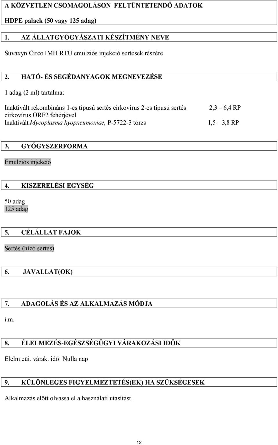 hyopneumoniae, P-5722-3 törzs 2,3 6,4 RP 1,5 3,8 RP 3. GYÓGYSZERFORMA Emulziós injekció 4. KISZERELÉSI EGYSÉG 50 adag 125 adag 5. CÉLÁLLAT FAJOK Sertés (hízó sertés) 6. JAVALLAT(OK) 7.