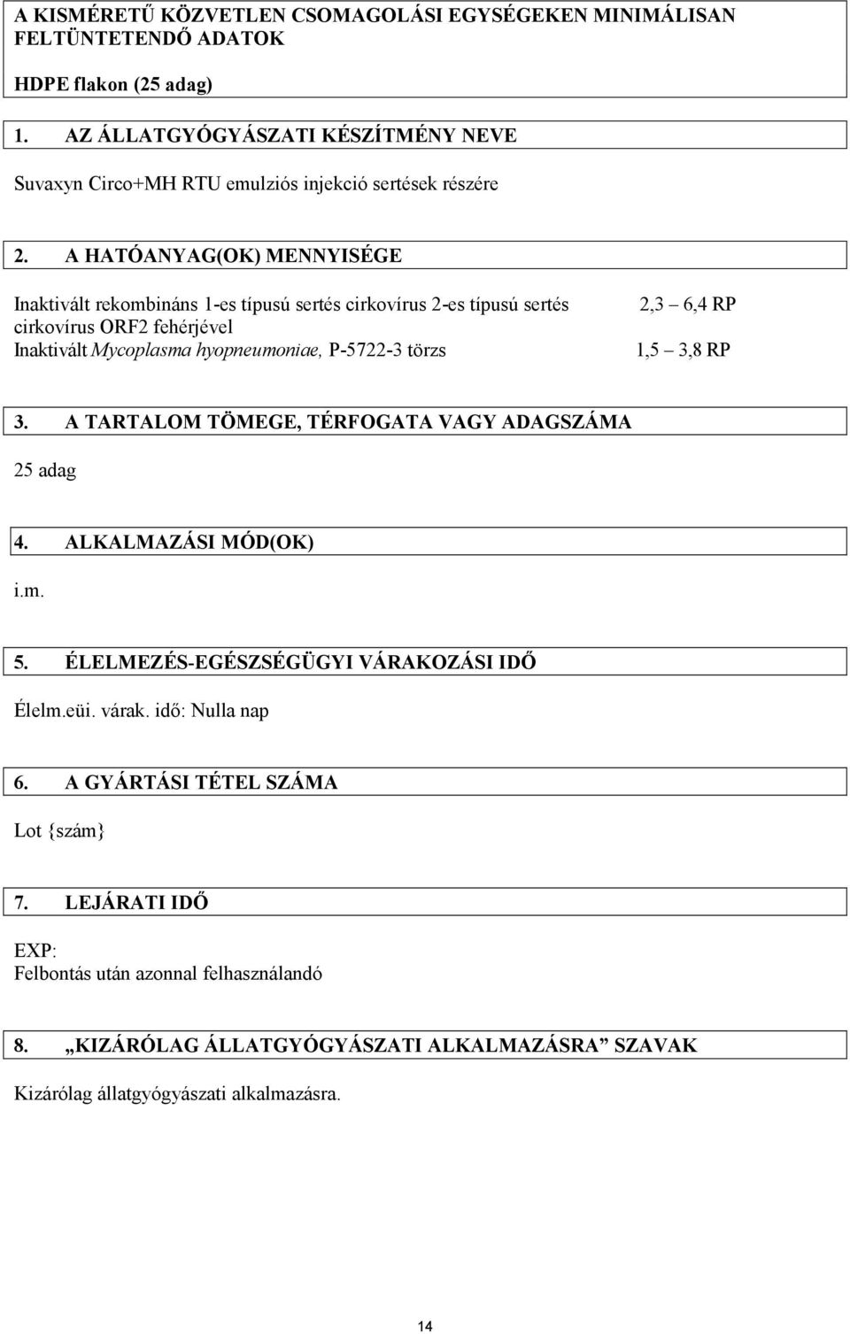 A HATÓANYAG(OK) MENNYISÉGE Inaktivált rekombináns 1-es típusú sertés cirkovírus 2-es típusú sertés cirkovírus ORF2 fehérjével Inaktivált Mycoplasma hyopneumoniae, P-5722-3 törzs 2,3 6,4