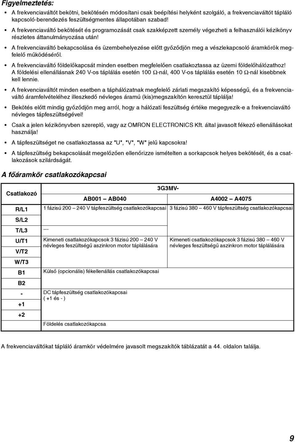 A frekvenciaváltó bekapcsolása és üzembehelyezése elõtt gyõzõdjön meg a vészlekapcsoló áramkörök megfelelõ mûködésérõl.