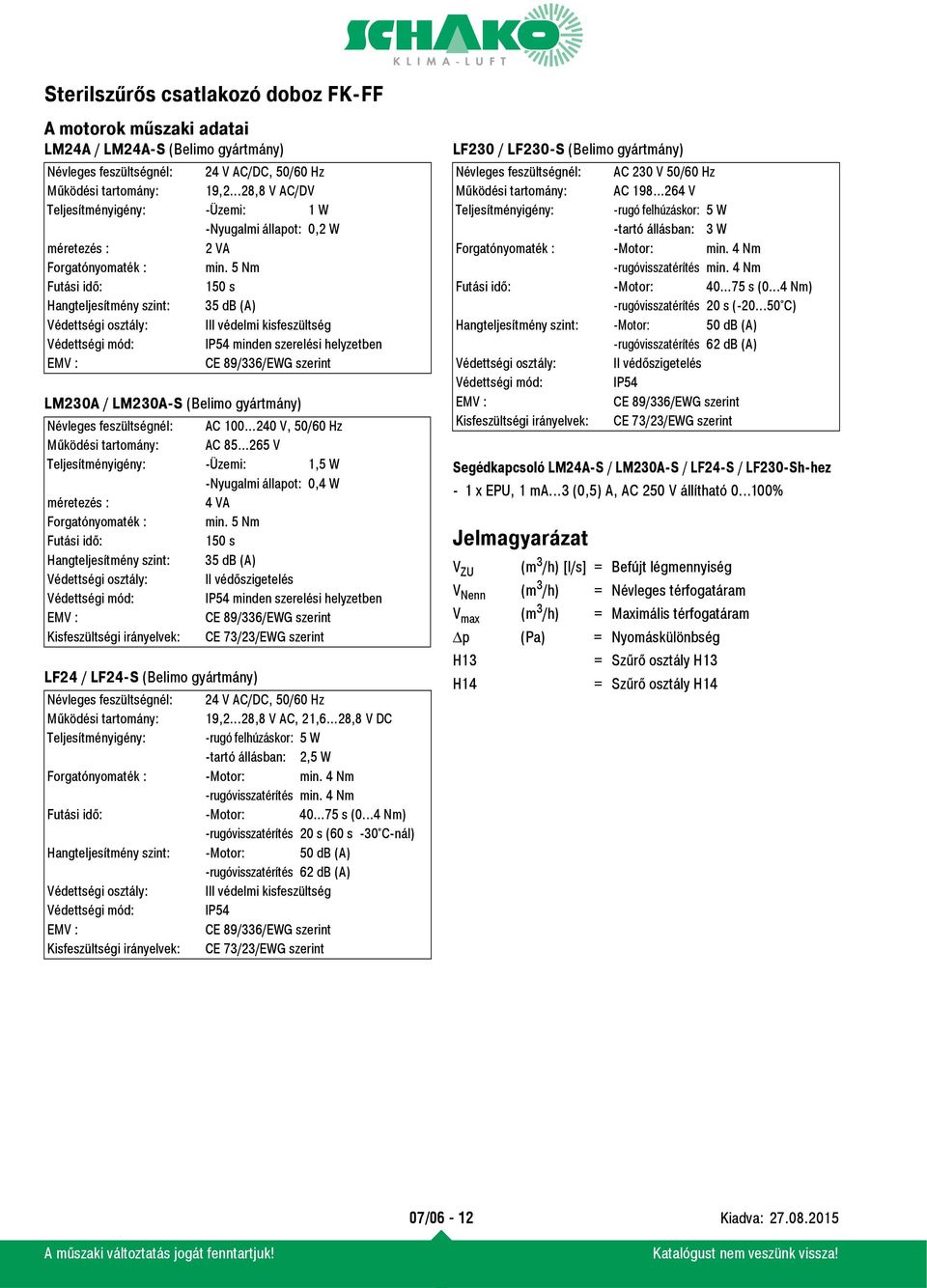 5 Nm Futási idő: 150 s Hangteljesítmény szint: 35 db (A) Védettségi osztály: III védelmi kisfeszültség Védettségi mód: IP54 minden szerelési helyzetben EMV : CE 89/336/EWG szerint LM230A / LM230A-S