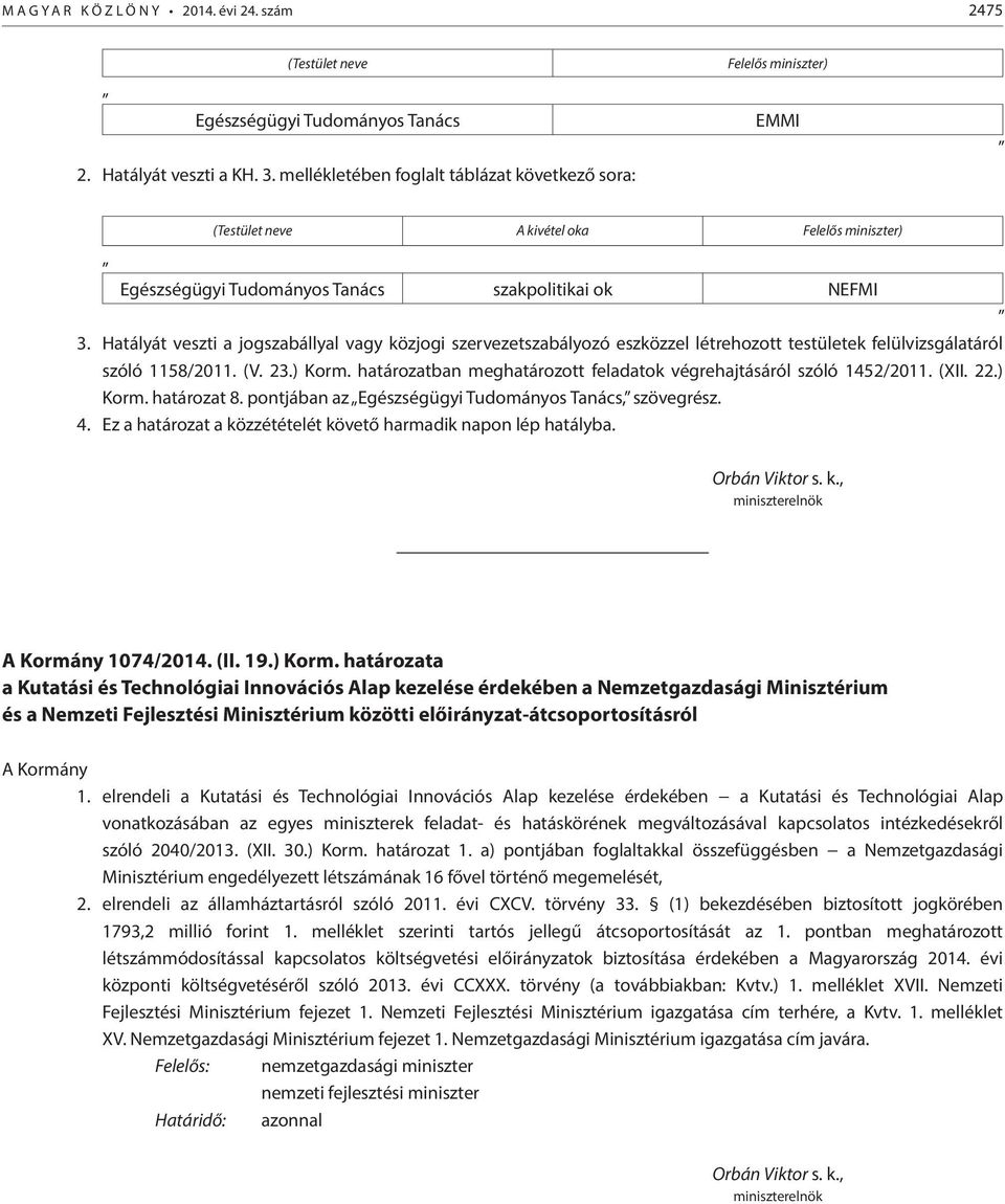 Hatályát veszti a jogszabállyal vagy közjogi szervezetszabályozó eszközzel létrehozott testületek felülvizsgálatáról szóló 1158/2011. (V. 23.) Korm.