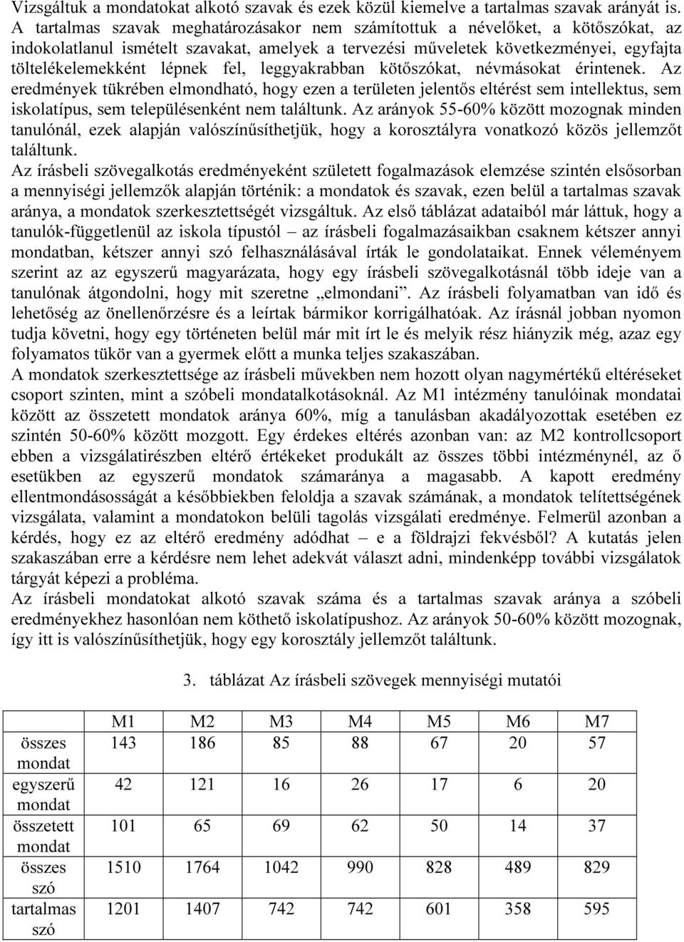 fel, leggyakrabban kötőszókat, névmásokat érintenek. Az eredmények tükrében elmondható, hogy ezen a területen jelentős eltérést sem intellektus, sem iskolatípus, sem településenként nem találtunk.