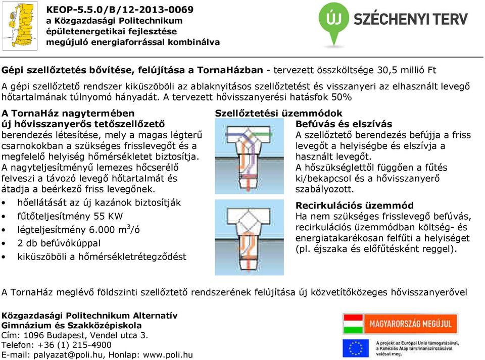 A tervezett hővisszanyerési hatásfok 50% A TornaHáz nagytermében új hővisszanyerős tetőszellőzető berendezés létesítése, mely a magas légterű csarnokokban a szükséges frisslevegőt és a megfelelő