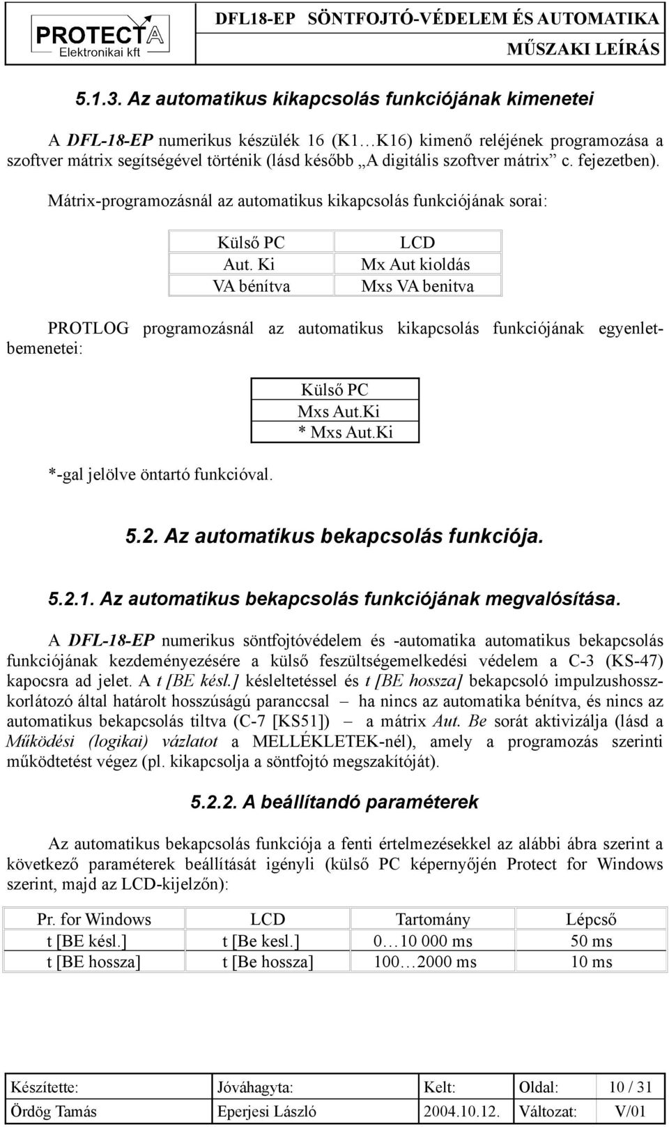 mátrix c. fejezetben). Mátrix-programozásnál az automatikus kikapcsolás funkciójának sorai: Külső PC Aut.