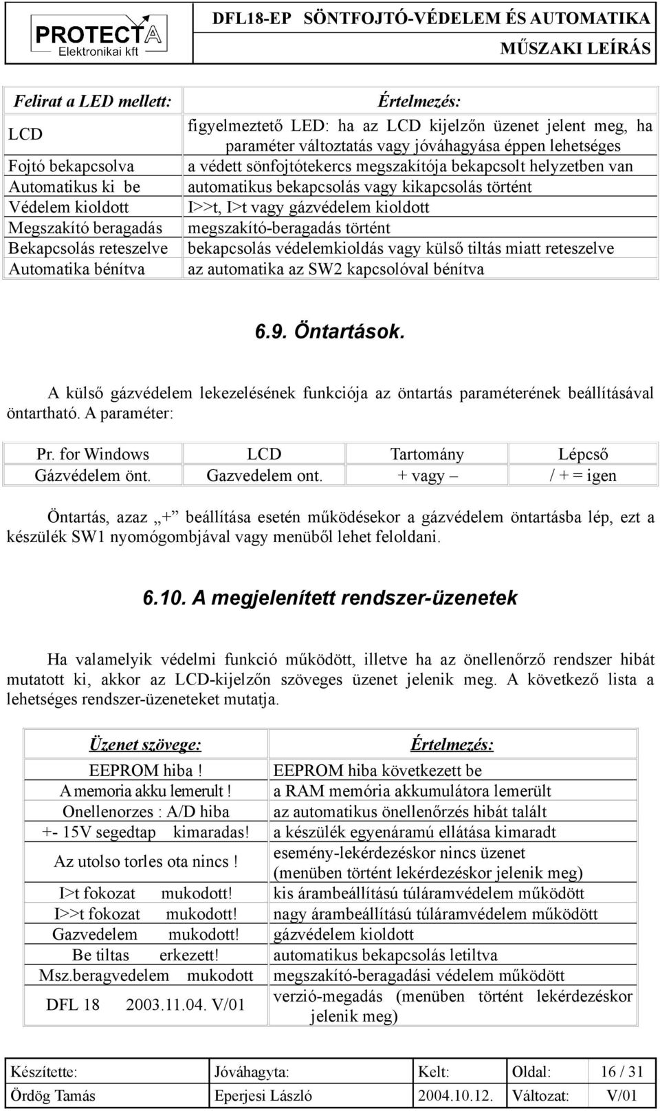 gázvédelem kioldott megszakító-beragadás történt bekapcsolás védelemkioldás vagy külső tiltás miatt reteszelve az automatika az SW2 kapcsolóval bénítva 6.9. Öntartások.