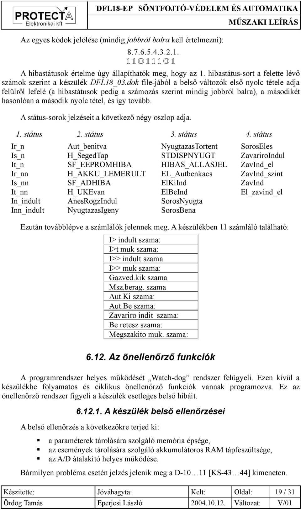 dok file-jából a belső változók első nyolc tétele adja felülről lefelé (a hibastátusok pedig a számozás szerint mindig jobbról balra), a másodikét hasonlóan a második nyolc tétel, és így tovább.