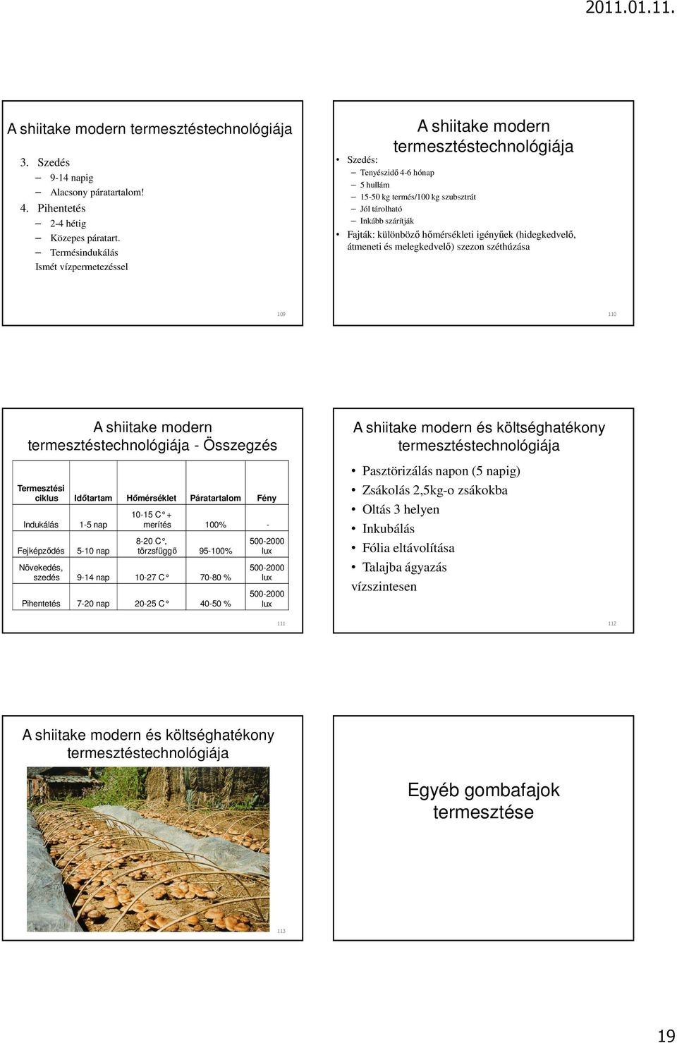 különböző hőmérsékleti igényűek (hidegkedvelő, átmeneti és melegkedvelő) szezon széthúzása 109 110 A shiitake modern termesztéstechnológiája - Összegzés Termesztési ciklus Időtartam Hőmérséklet