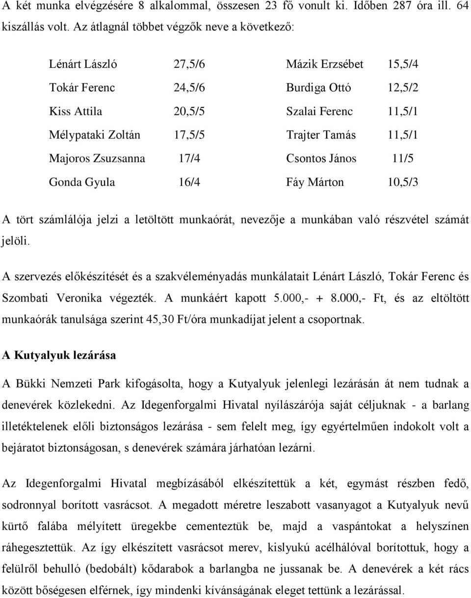 Tamás 11,5/1 Majoros Zsuzsanna 17/4 Csontos János 11/5 Gonda Gyula 16/4 Fáy Márton 10,5/3 A tört számlálója jelzi a letöltött munkaórát, nevezője a munkában való részvétel számát jelöli.