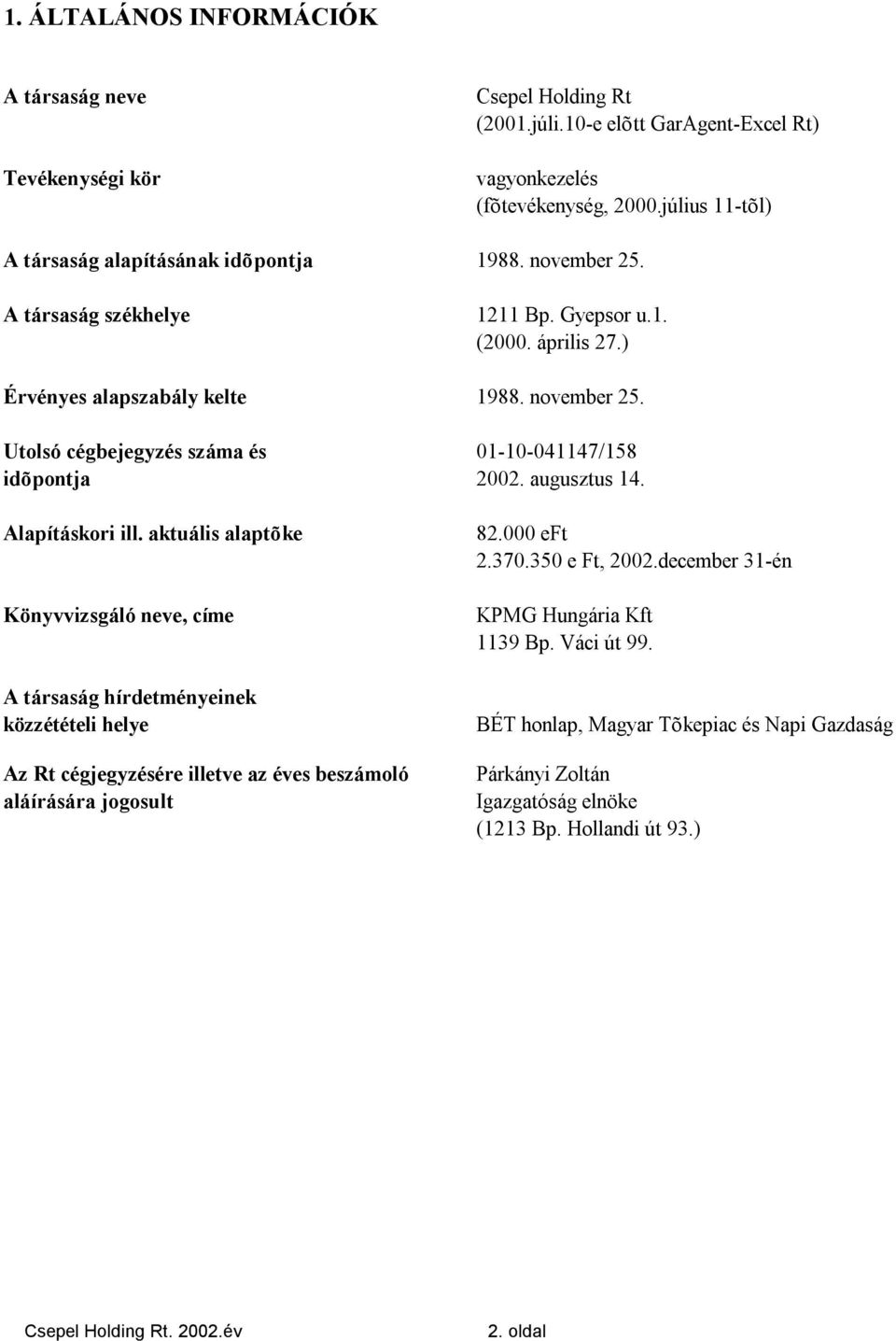 augusztus 14. Alapításkori ill. aktuális alaptõke Könyvvizsgáló neve, címe A társaság hírdetményeinek közzétételi helye Az Rt cégjegyzésére illetve az éves beszámoló aláírására jogosult 82.