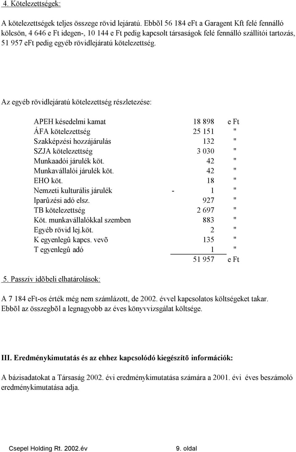 Az egyéb rövidlejáratú kötelezettség részletezése: APEH késedelmi kamat 18 898 e Ft ÁFA kötelezettség 25 151 " Szakképzési hozzájárulás 132 " SZJA kötelezettség 3 030 " Munkaadói járulék köt.