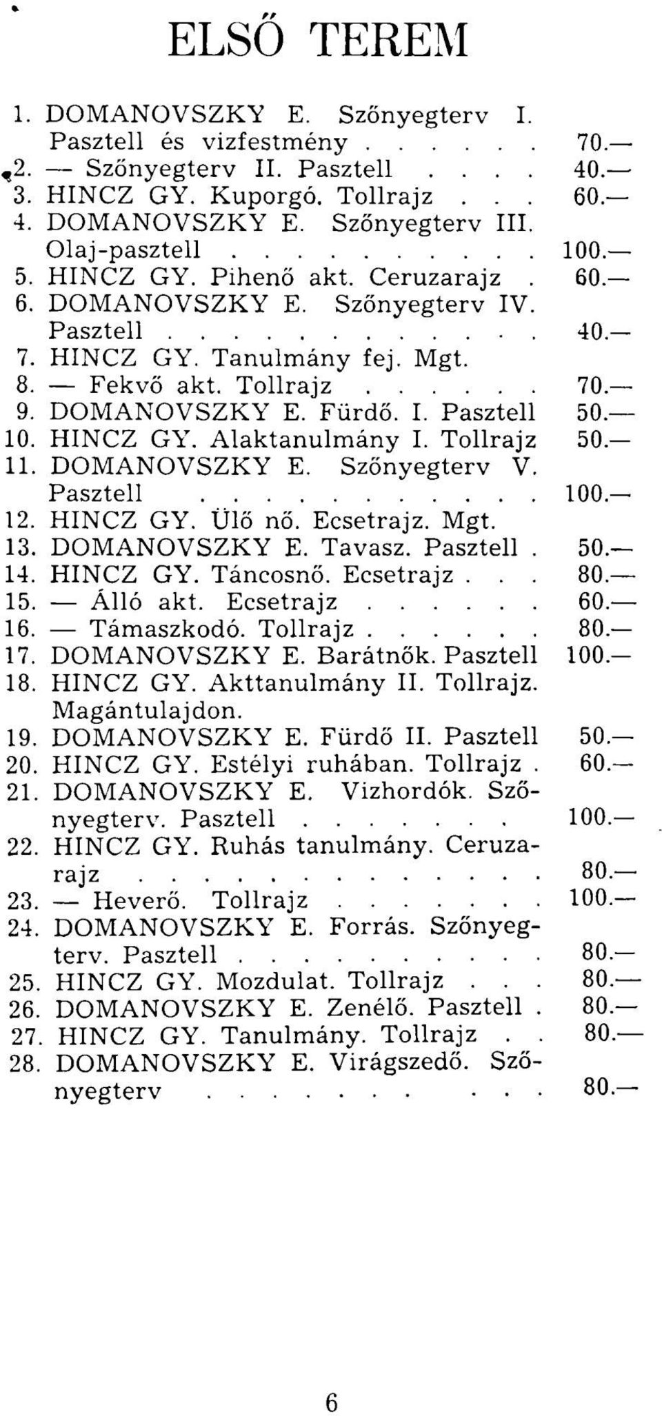 HINCZ GY. Alaktanulmány I. Tollrajz 50. II. DOMANOVSZKY E. Szőnyegterv V. Pasztell 100. 12. HINCZ GY. Ülő nő. Ecsetrajz. Mgt. 13. DOMANOVSZKY E. Tavasz. Pasztell. 50. 14. HINCZ GY. Táncosnő.