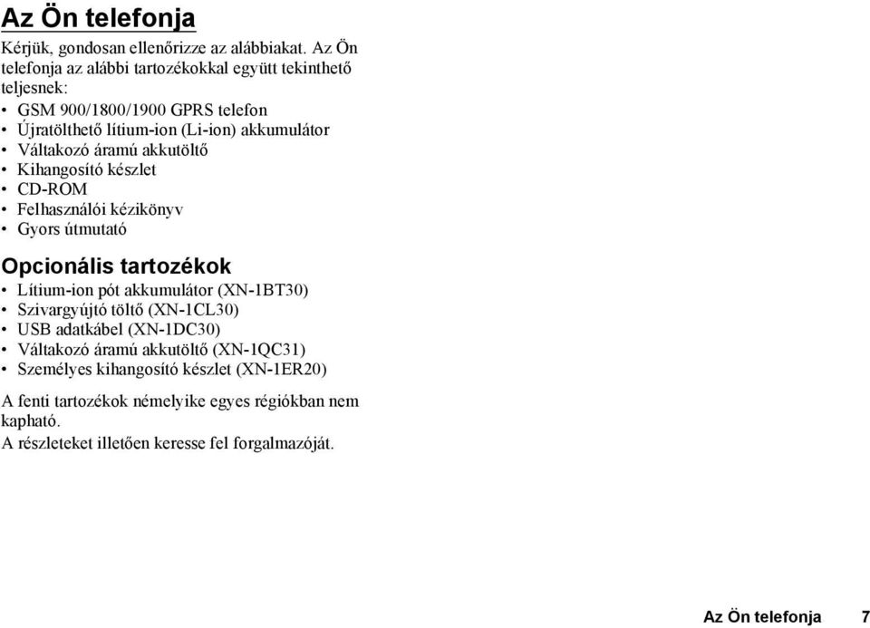 Váltakozó áramú akkutöltő Kihangosító készlet CD-ROM Felhasználói kézikönyv Gyors útmutató Opcionális tartozékok Lítium-ion pót akkumulátor (XN-1BT30)