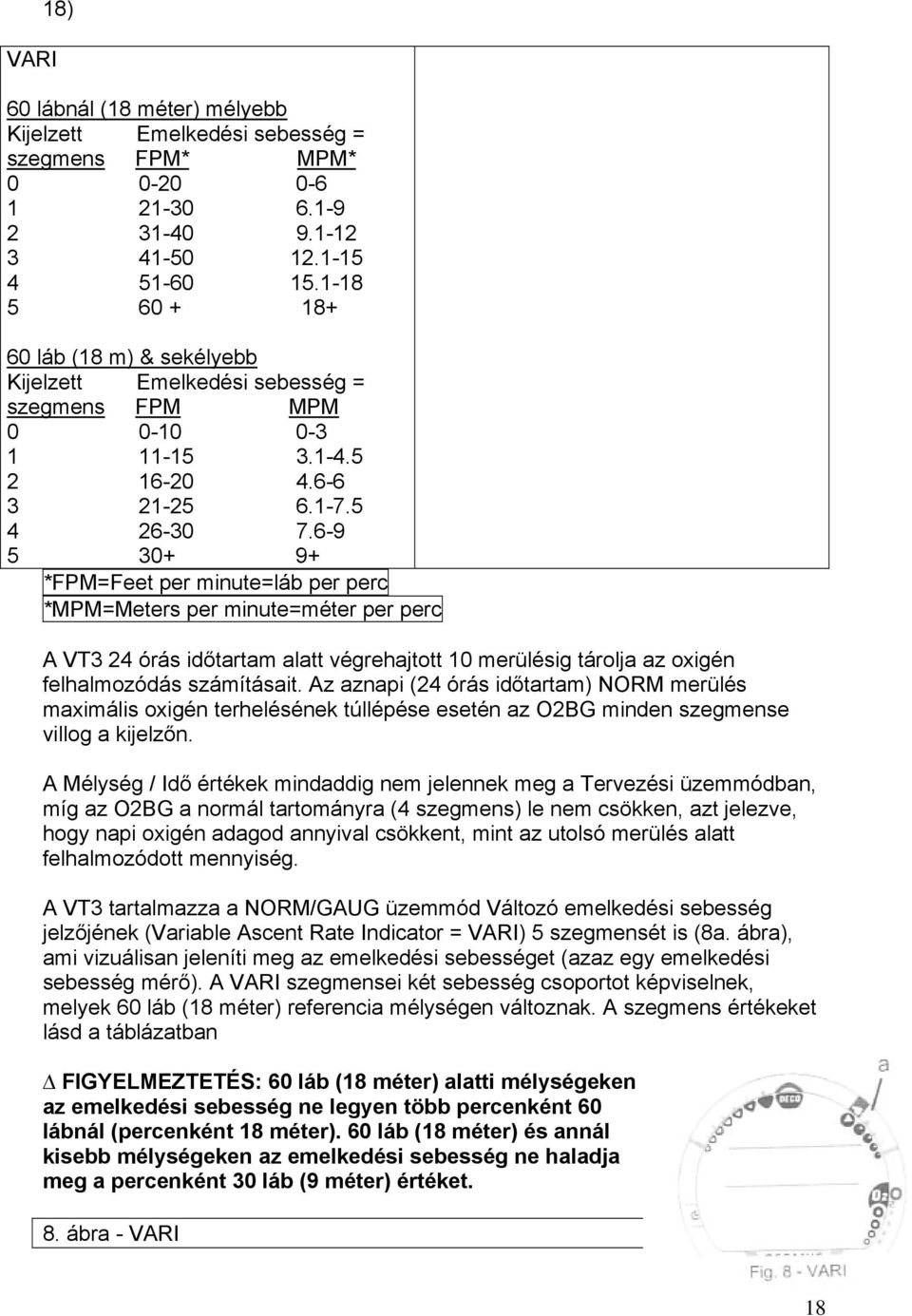 6-9 5 30+ 9+ *FPM=Feet per minute=láb per perc *MPM=Meters per minute=méter per perc A VT3 24 órás időtartam alatt végrehajtott 10 merülésig tárolja az oxigén felhalmozódás számításait.