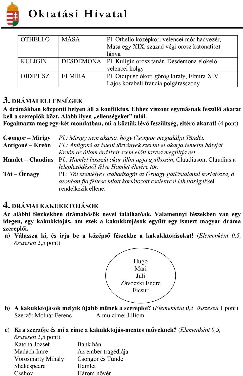 Ehhez viszont egymásnak feszülő akarat kell a szereplők közt. Alább ilyen ellenségeket talál. Fogalmazza meg egy-két mondatban, mi a köztük lévő feszültség, eltérő akarat! (4 pont) Csongor Mirigy Pl.