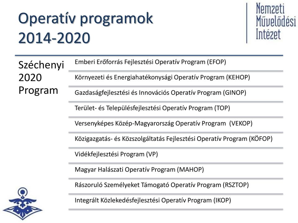Közép-Magyarország Operatív Program (VEKOP) Közigazgatás- és Közszolgáltatás Fejlesztési Operatív Program (KÖFOP) Vidékfejlesztési Program (VP)