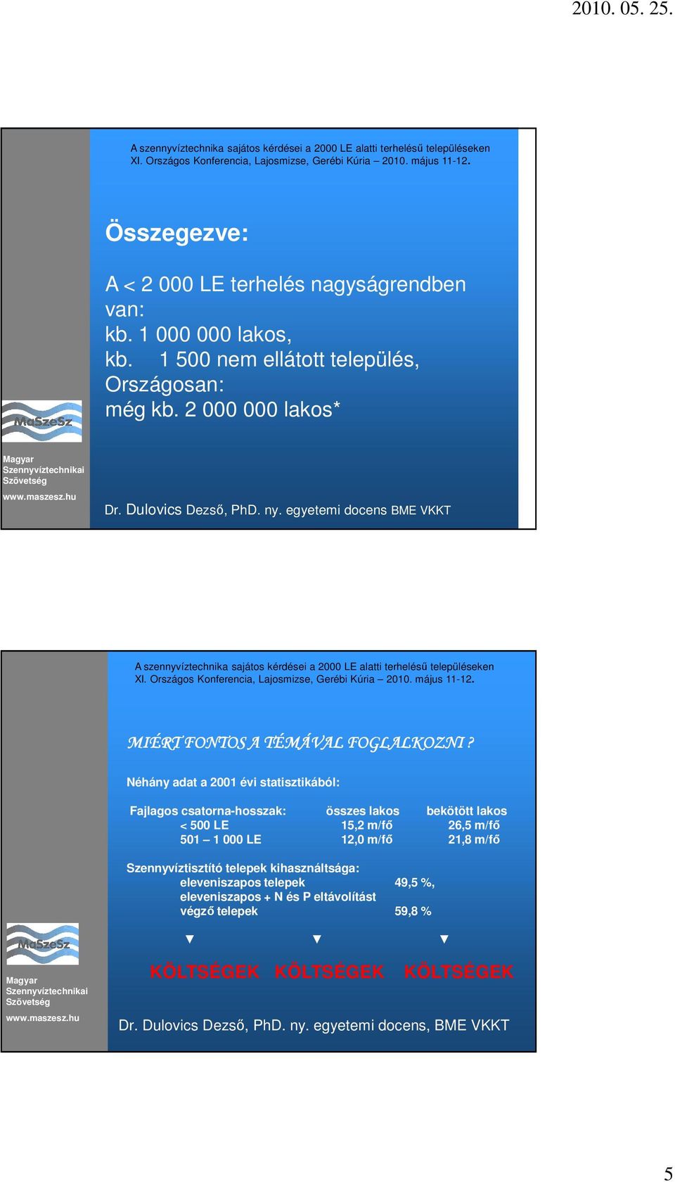 Néhány adat a 2001 évi statisztikából: Fajlagos csatorna-hosszak: összes lakos bekötött lakos < 500 LE 15,2 m/fı 26,5 m/fı 501 1 000 LE