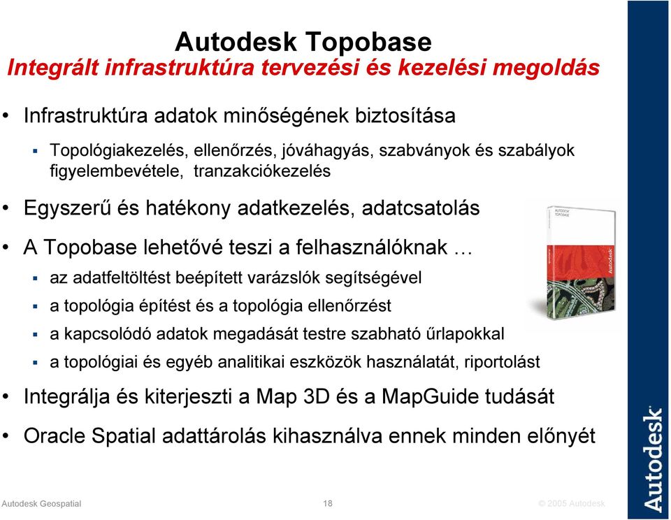 beépített varázslók segítségével a topológia építést és a topológia ellenőrzést a kapcsolódó adatok megadását testre szabható űrlapokkal a topológiai és egyéb