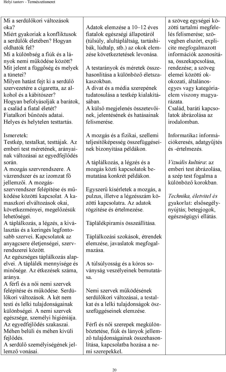 Fiatalkori bűnözés adatai. Helyes és helytelen testtartás. Ismeretek: Testkép, testalkat, testtájak. Az emberi test méretének, arányainak változásai az egyedfejlődés során. A mozgás szervrendszere.