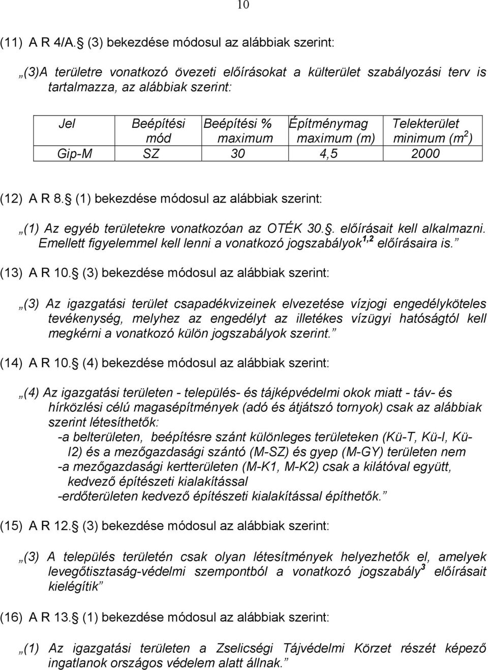 Telekterület mód maximum maximum (m) minimum (m 2 ) Gip-M SZ 30 4,5 2000 (12) A R 8. (1) bekezdése módosul az alábbiak szerint: (1) Az egyéb területekre vonatkozóan az OTÉK 30.