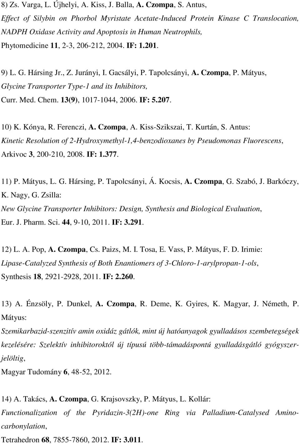 201. 9) L. G. Hársing Jr., Z. Jurányi, I. Gacsályi, P. Tapolcsányi, A. Czompa, P. Mátyus, Glycine Transporter Type-1 and its Inhibitors, Curr. Med. Chem. 13(9), 1017-1044, 2006. IF: 5.207. 10) K.