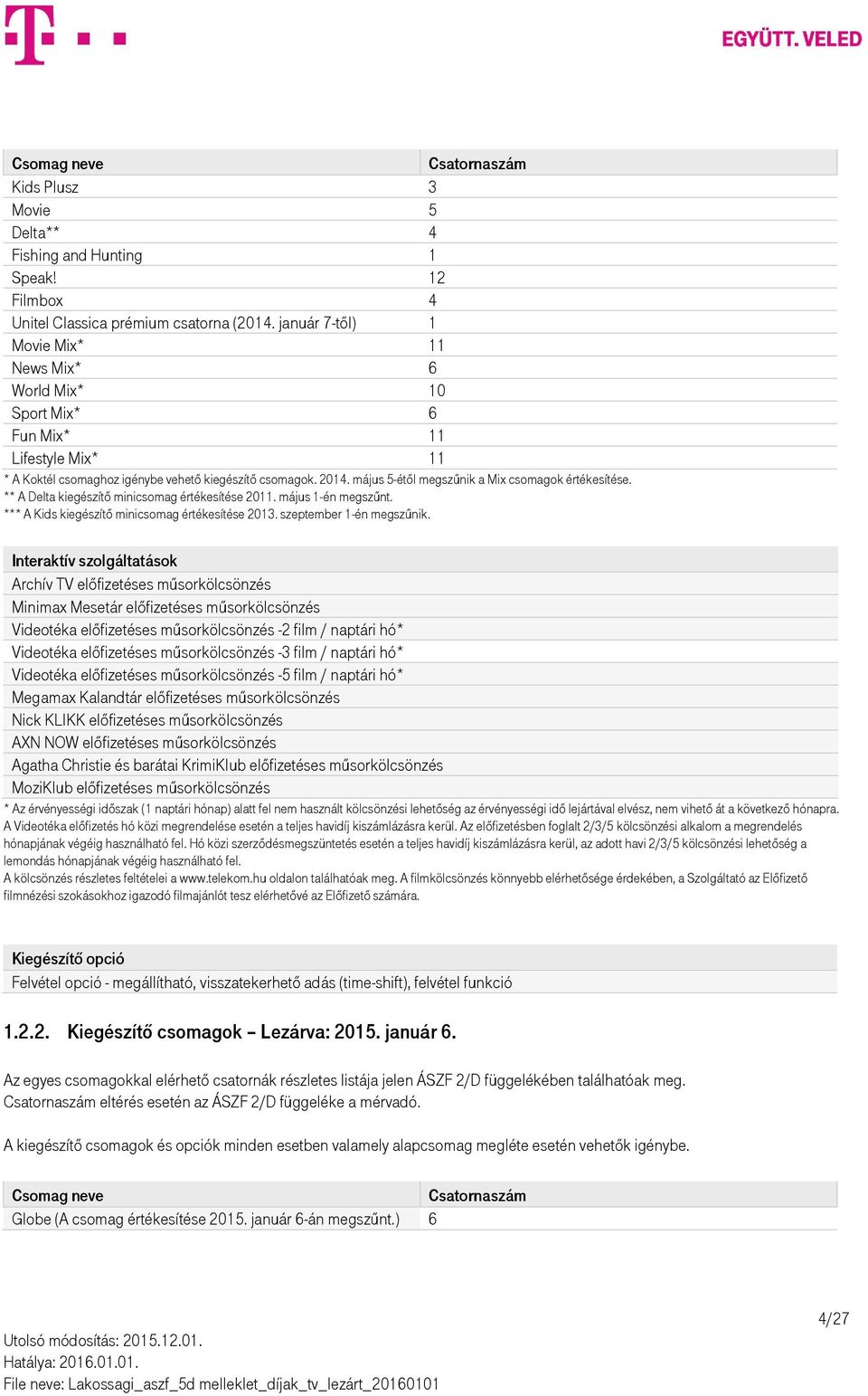 május 5-étől megszűnik a Mix csomagok értékesítése. ** A Delta kiegészítő minicsomag értékesítése 2011. május 1-én megszűnt. *** A Kids kiegészítő minicsomag értékesítése 2013.