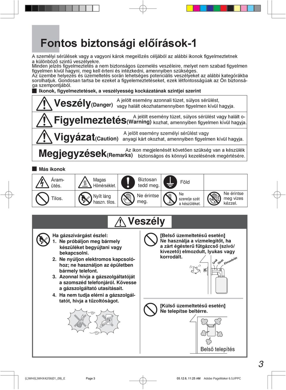 Veszély Ha gázszivárgást észlel: 1. Ne próbáljon meg bármely készüléket begyújtani vagy bekapcsolni. 2. Ne nyúljon elektromos kapcsolóhoz; ne használjon az épületben bármely telefont.