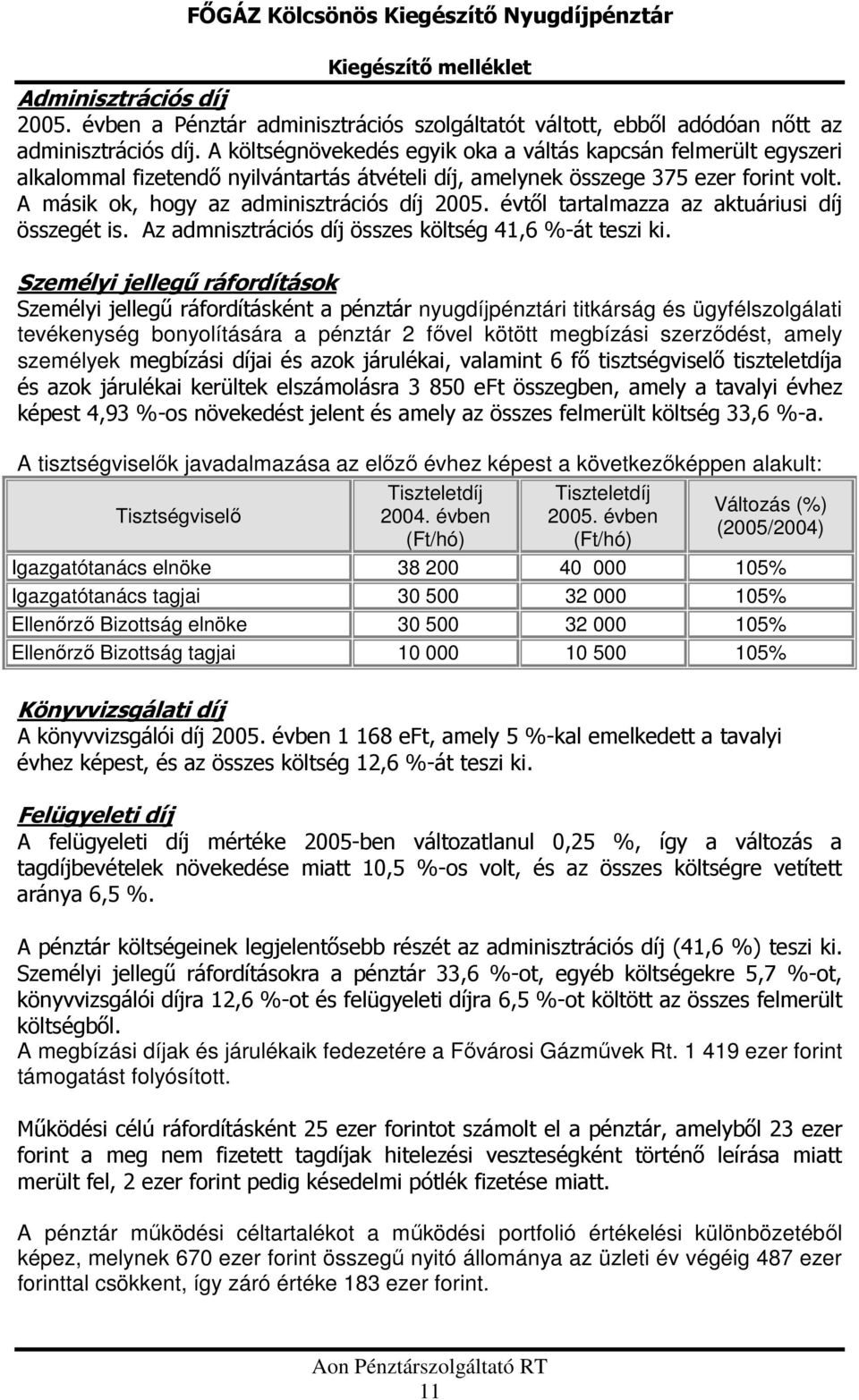 évtől tartalmazza az aktuáriusi díj összegét is. Az admnisztrációs díj összes költség 41,6 %-át teszi ki.