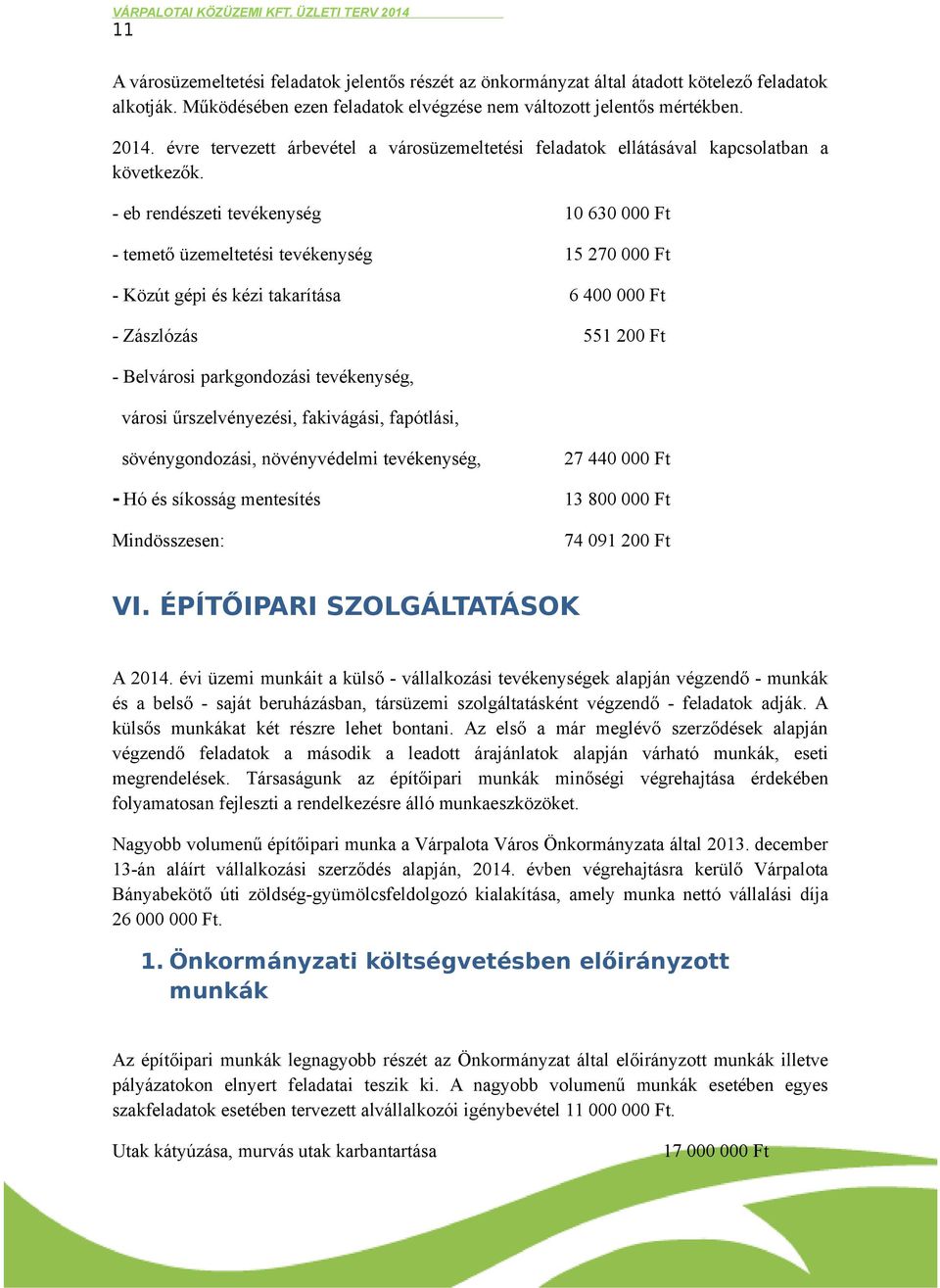 - eb rendészeti tevékenység 10 630 000 Ft - temető üzemeltetési tevékenység 15 270 000 Ft - Közút gépi és kézi takarítása 6 400 000 Ft - Zászlózás 551 200 Ft - Belvárosi parkgondozási tevékenység,