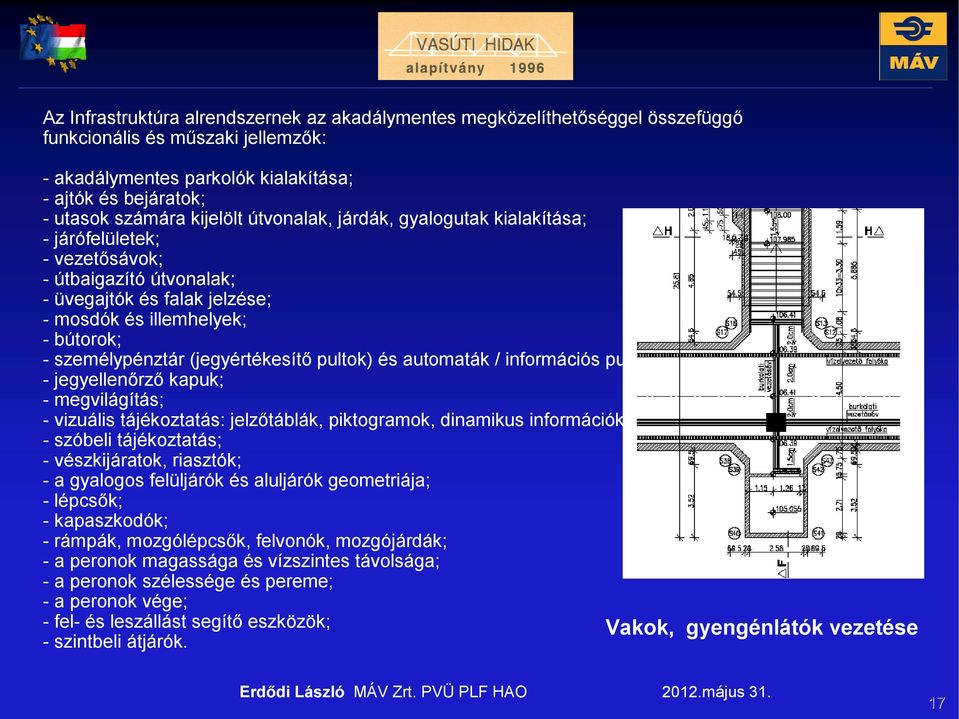 (jegyértékesítő pultok) és automaták / információs pultok; - jegyellenőrző kapuk; - megvilágítás; - vizuális tájékoztatás: jelzőtáblák, piktogramok, dinamikus információk; - szóbeli tájékoztatás; -