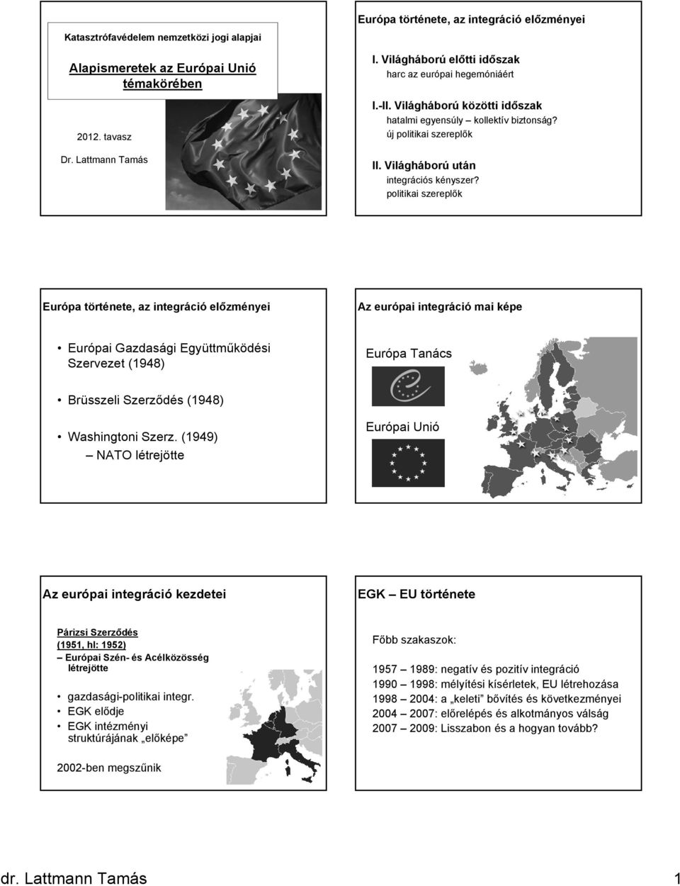 politikai szereplők Európa története, az integráció előzményei Az európai integráció mai képe Európai Gazdasági Együttműködési Szervezet (1948) Európa Tanács Brüsszeli Szerződés (1948) Washingtoni