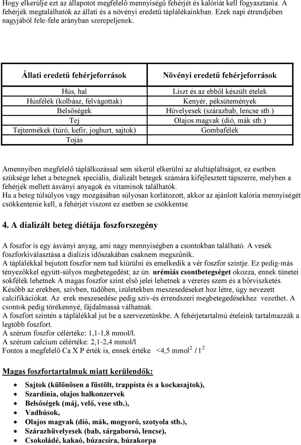 Állati eredetű fehérjeforrások Hús, hal Húsfélék (kolbász, felvágottak) Belsőségek Tej Tejtermékek (túró, kefir, joghurt, sajtok) Tojás Növényi eredetű fehérjeforrások Liszt és az ebből készült