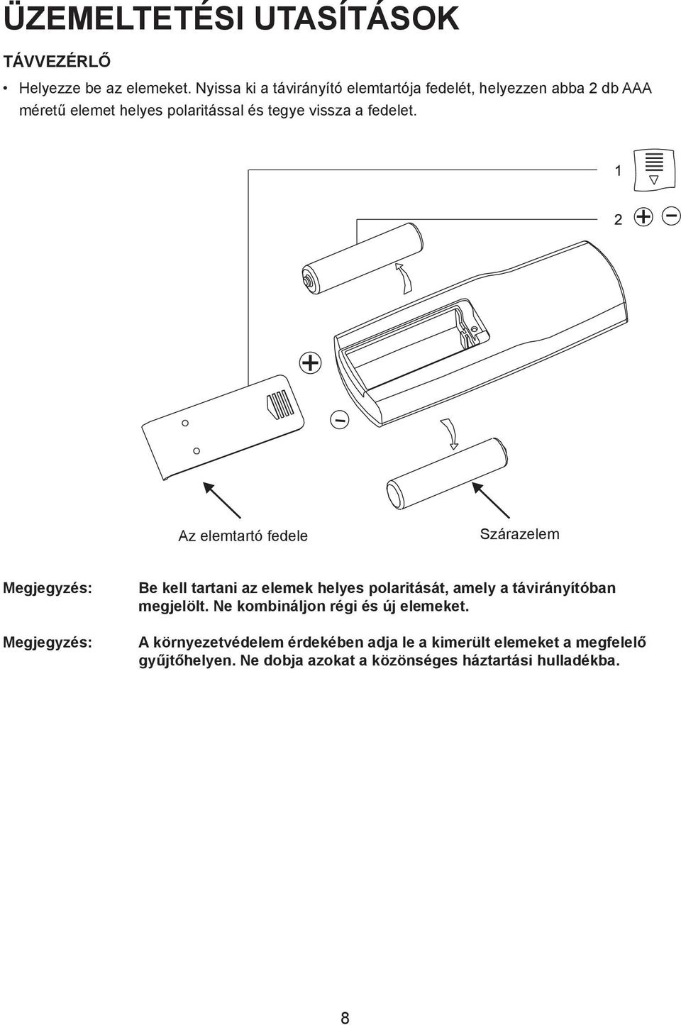 Az Kryt elemtartó priehradky fedele batérií Szárazelem Batérie Megjegyzés: Megjegyzés: Be kell tartani az elemek helyes polaritását,