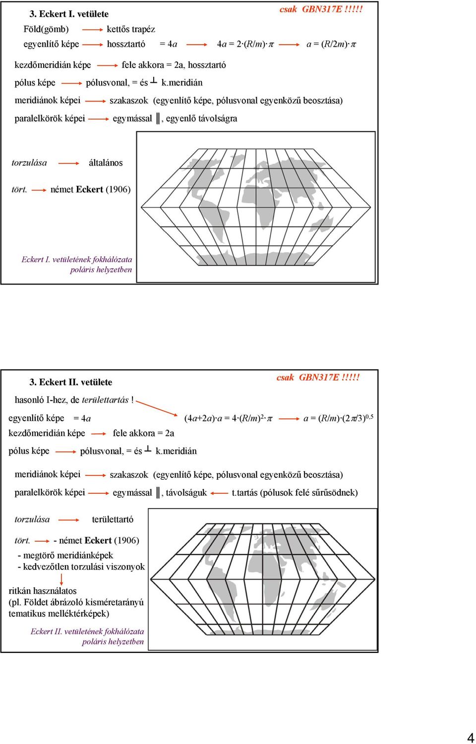 meridián csak GBN317E!!!!! szakaszok (egyenlítő képe, pólusvonal egyenközű beosztása) egymással, egyenlő távolságra a = (R/2( /2m) π általános német Eckert (1906) Eckert I.
