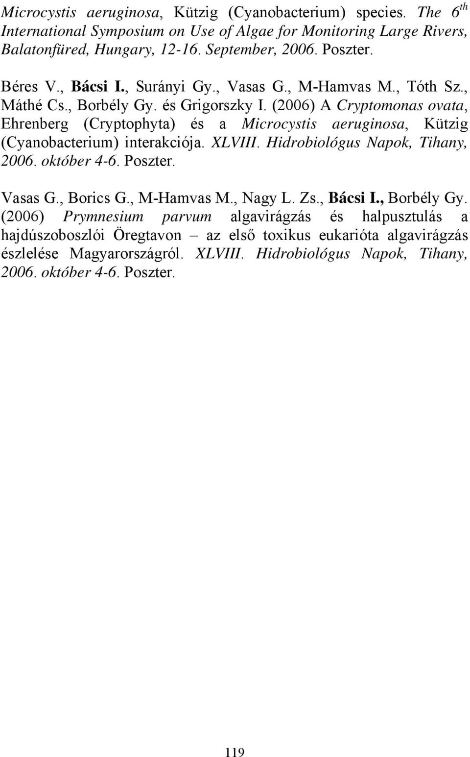(2006) A Cryptomonas ovata, Ehrenberg (Cryptophyta) és a Microcystis aeruginosa, Kützig (Cyanobacterium) interakciója. XLVIII. Hidrobiológus Napok, Tihany, 2006. október 4-6. Poszter. Vasas G.
