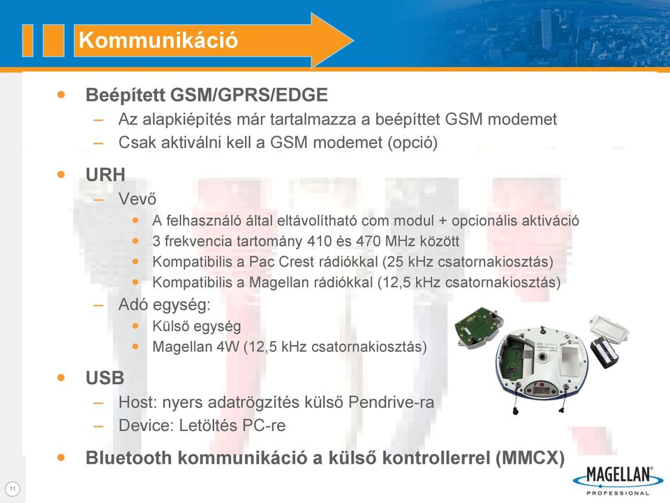 rádiókkal (25 khz csatornakiosztás) Kompatibilis a Magellan rádiókkal (12,5 khz csatornakiosztás) Adó egység: Külső egység Magellan 4W (12,5