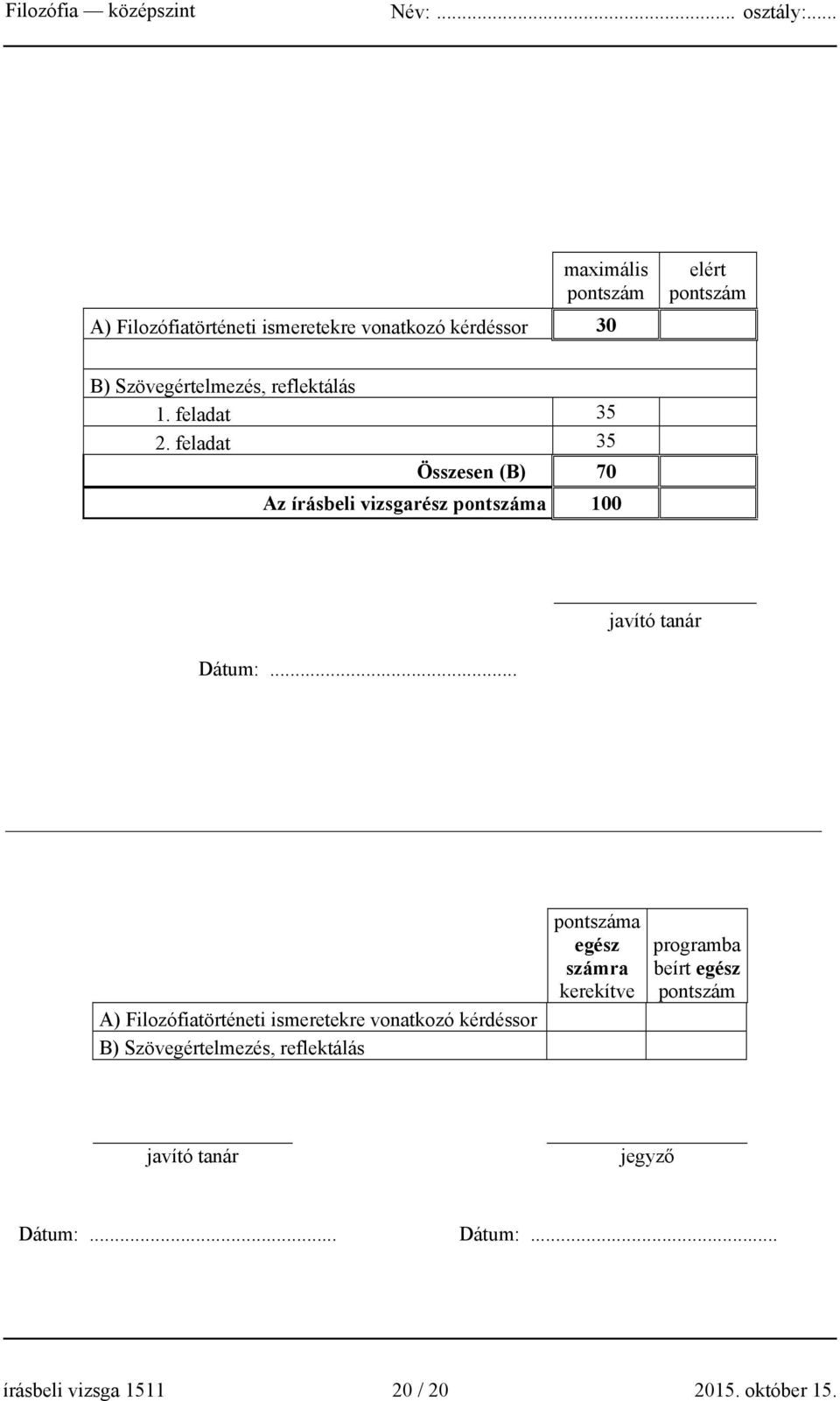 .. javító tanár A) Filozófiatörténeti ismeretekre vonatkozó kérdéssor B) Szövegértelmezés, reflektálás pontszáma