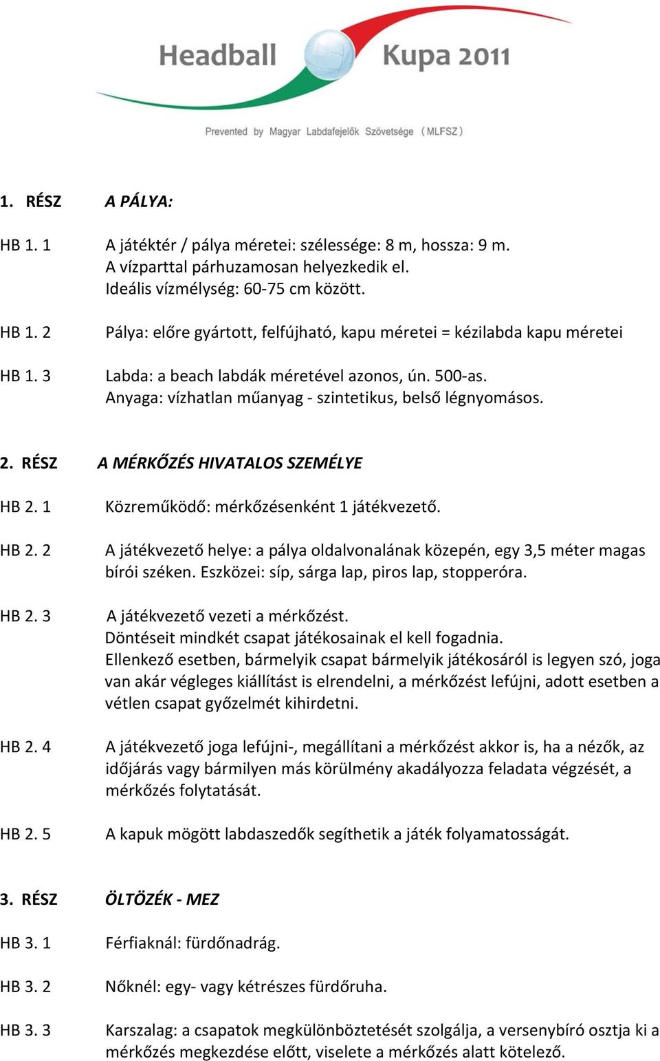 RÉSZ A MÉRKŐZÉS HIVATALOS SZEMÉLYE HB 2. 1 HB 2. 2 HB 2. 3 HB 2. 4 HB 2. 5 Közreműködő: mérkőzésenként 1 játékvezető.